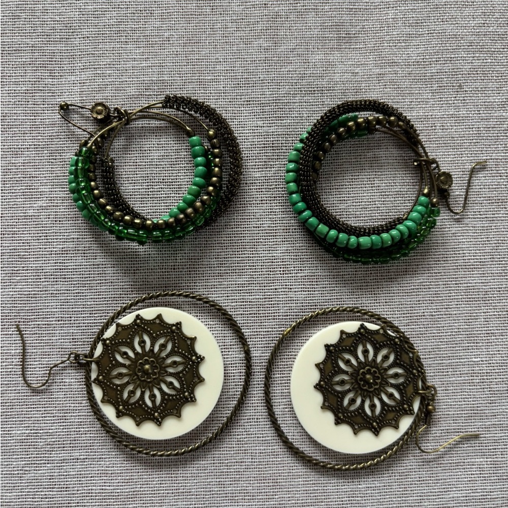 Y2K green & cream brass dangly beaded hoop set of two earrings.